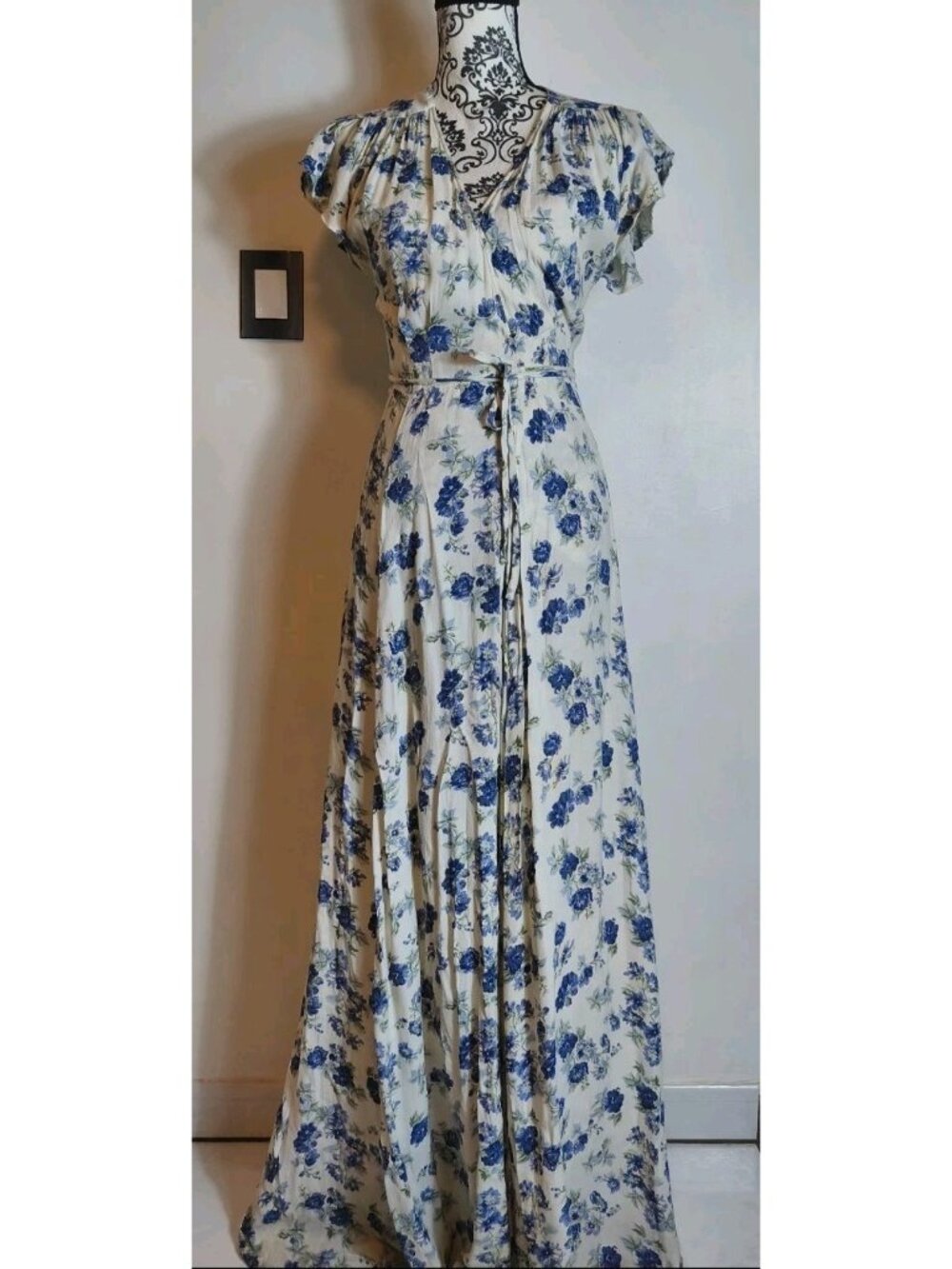 Reformation Floral Wrap Maxi Dress Blue Cream Cap Sleeve Tie Waist XS